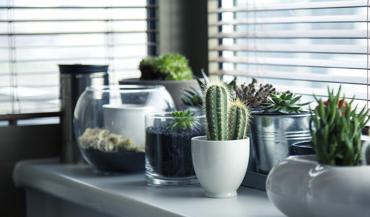 Decoratieve spiegel met doorkijk naar groene tuin.