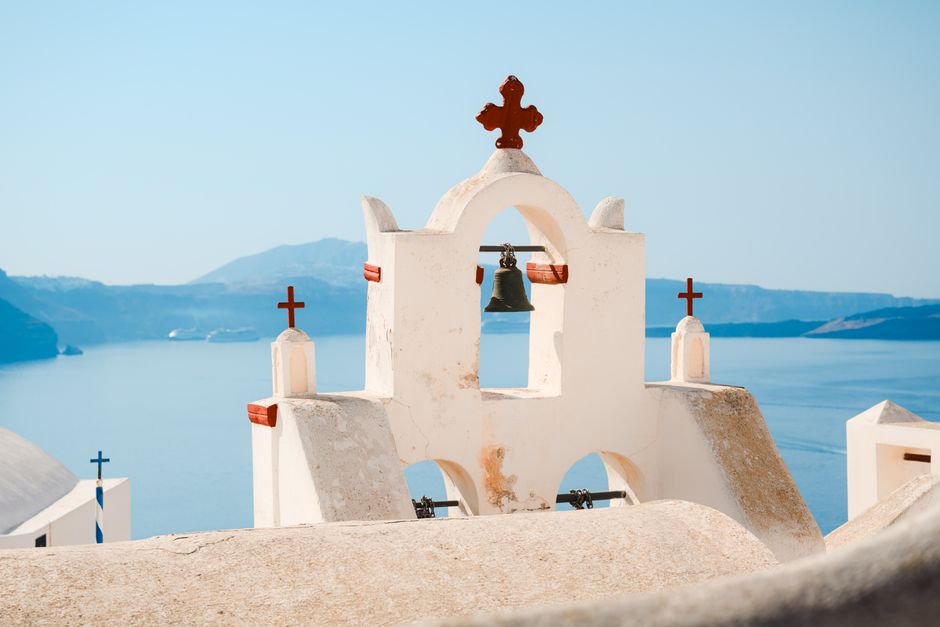 Stijlvolle keukenachterwand met Santorini zonsondergang.